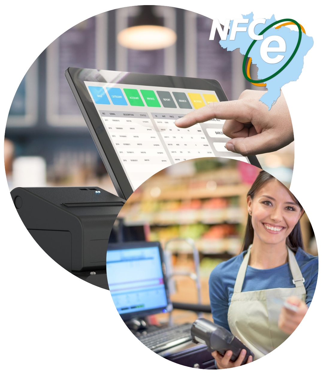 Montagem com 2 imagens ilusitrativas do Devok sendo utilizado em uma loja